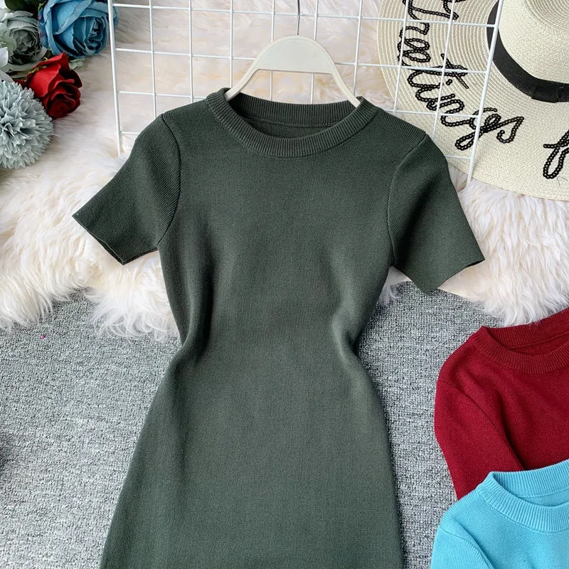 Round Neck Stretch Knitted Tight-fitting Hip Dress