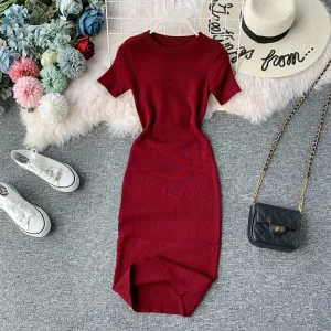 Round Neck Stretch Knitted Tight-fitting Hip Dress