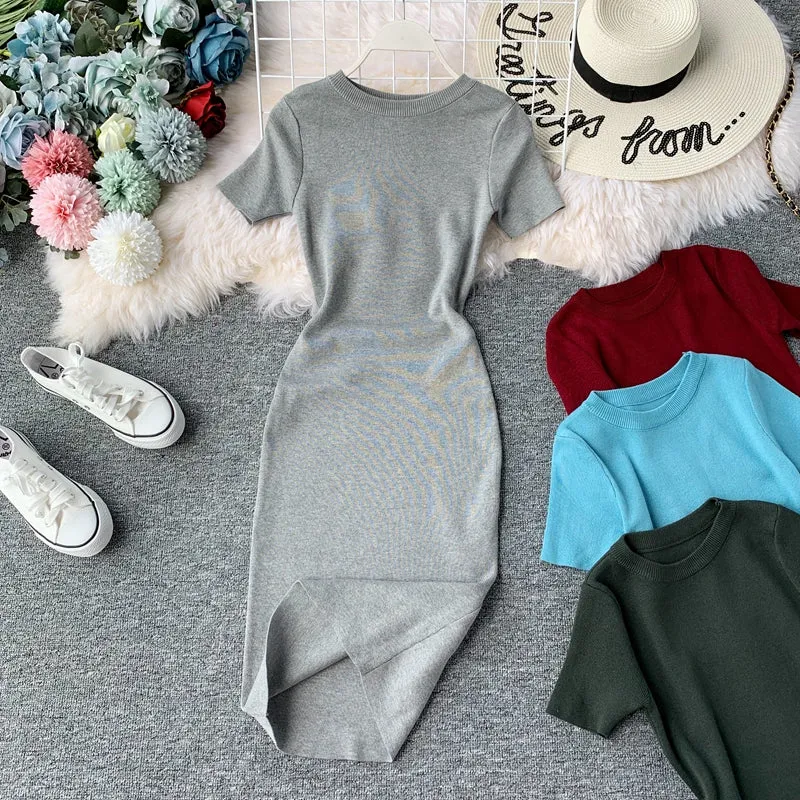 Round Neck Stretch Knitted Tight-fitting Hip Dress