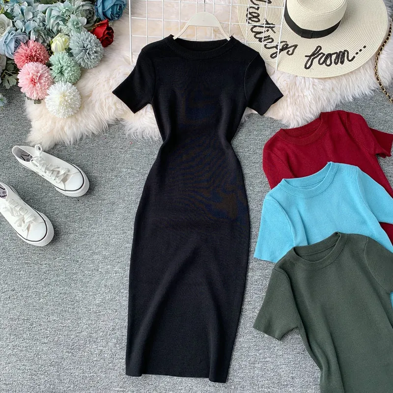 Round Neck Stretch Knitted Tight-fitting Hip Dress