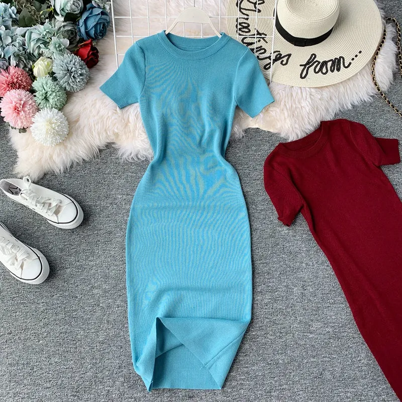 Round Neck Stretch Knitted Tight-fitting Hip Dress