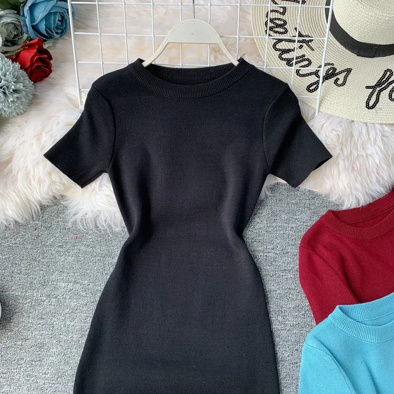 Round Neck Stretch Knitted Tight-fitting Hip Dress