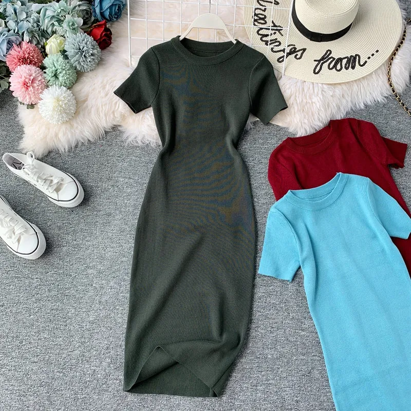 Round Neck Stretch Knitted Tight-fitting Hip Dress