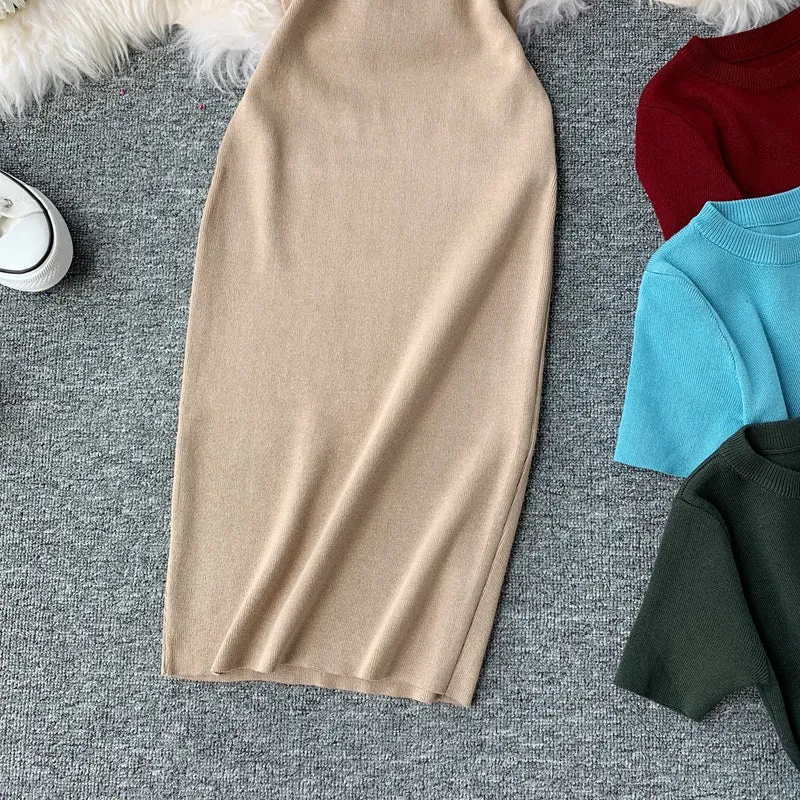 Round Neck Stretch Knitted Tight-fitting Hip Dress