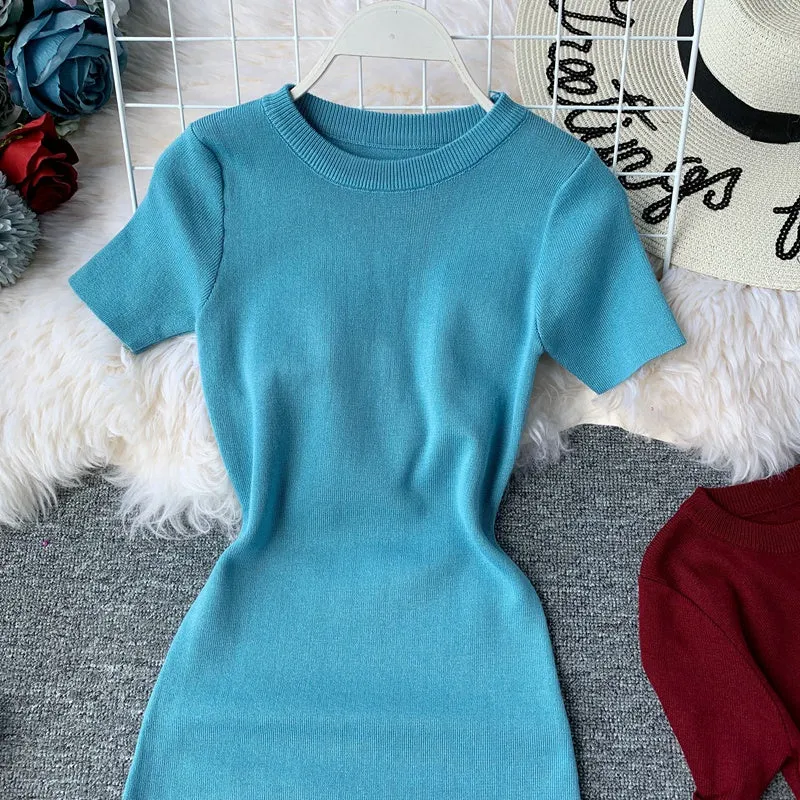 Round Neck Stretch Knitted Tight-fitting Hip Dress