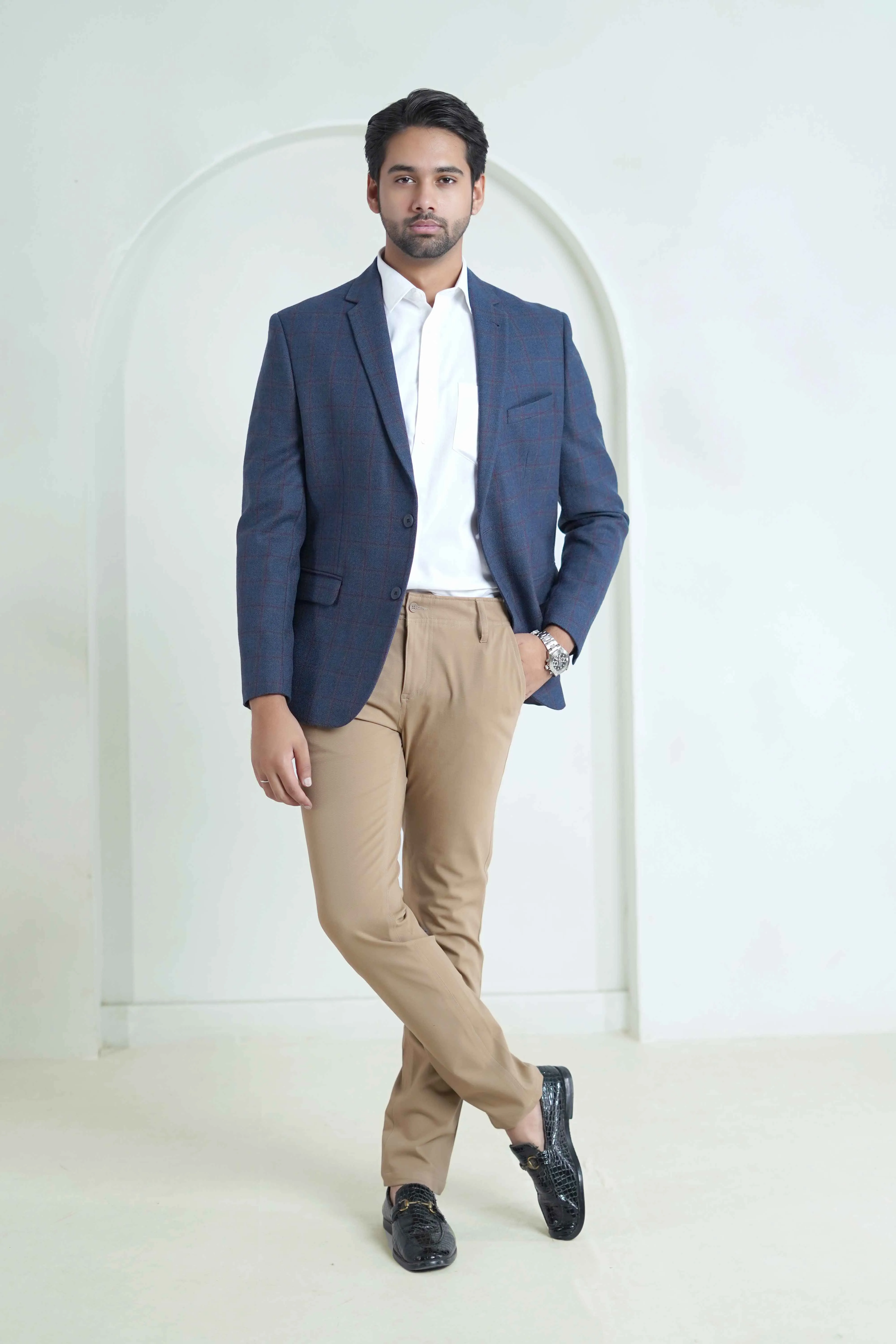 Royal Blue Windowpane Checks Worsted Tweed Classic Blazer