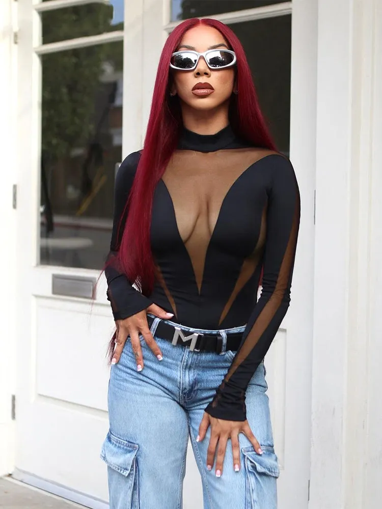 See Through Mesh Patchwork Elastic Wild Bodycon Long Sleeve Bodysuit