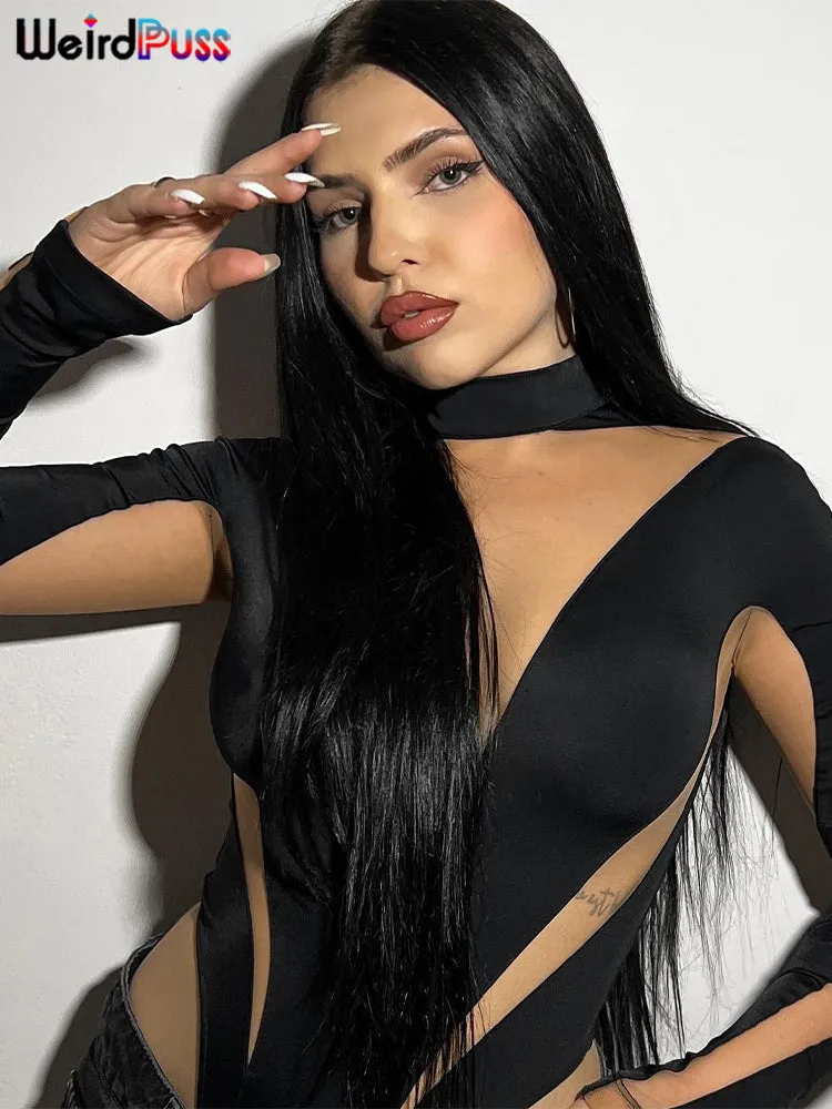 See Through Mesh Patchwork Elastic Wild Bodycon Long Sleeve Bodysuit