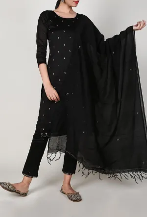 Set of 3 - Midnight Black Chanderi Kurta And Straight Pant Set  With Dupatta