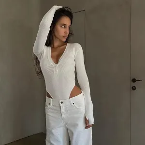 Skinny Button Up Long Sleeve Ribbed Bodysuit
