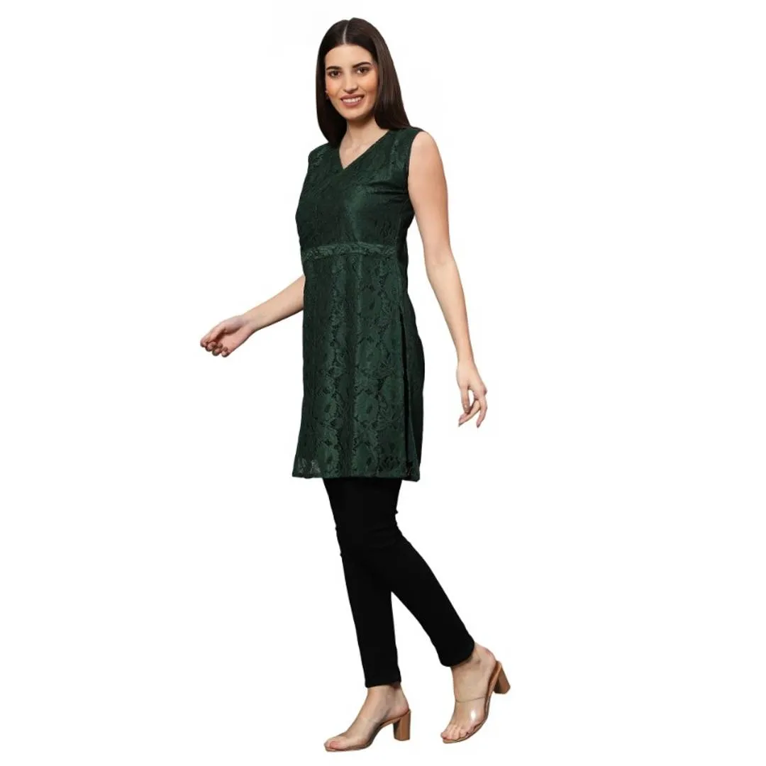 sleeve less net green  dress