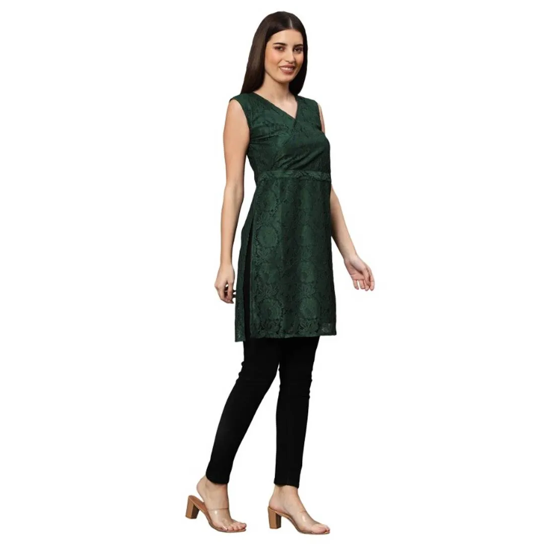 sleeve less net green  dress