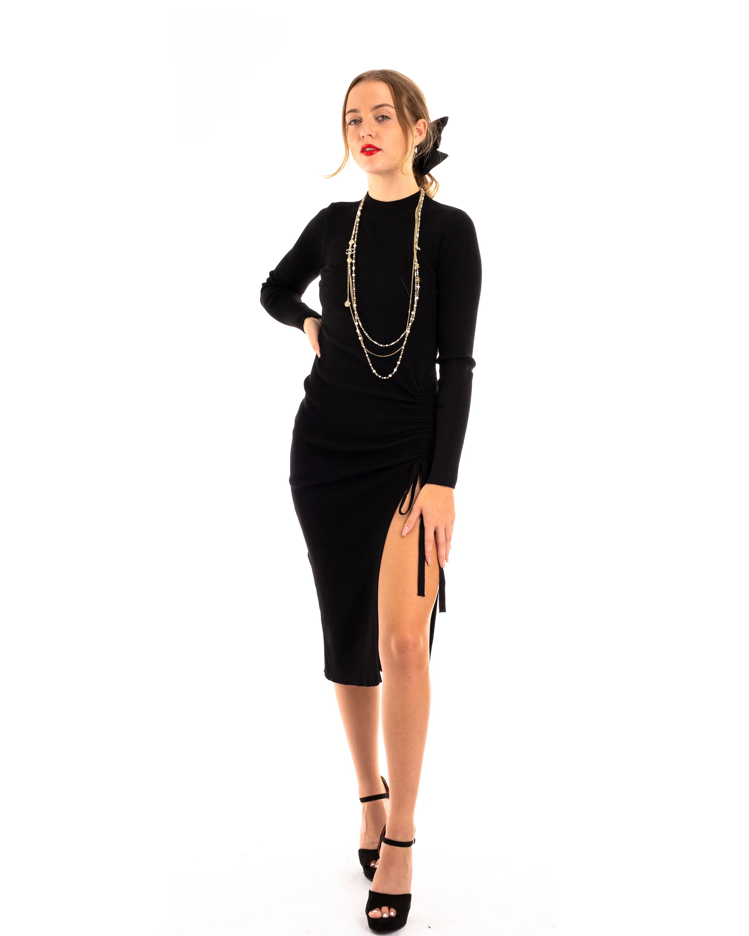 Soft Knitted Ribbed Midi Bodycon Side Split Tie up design Dress In Black