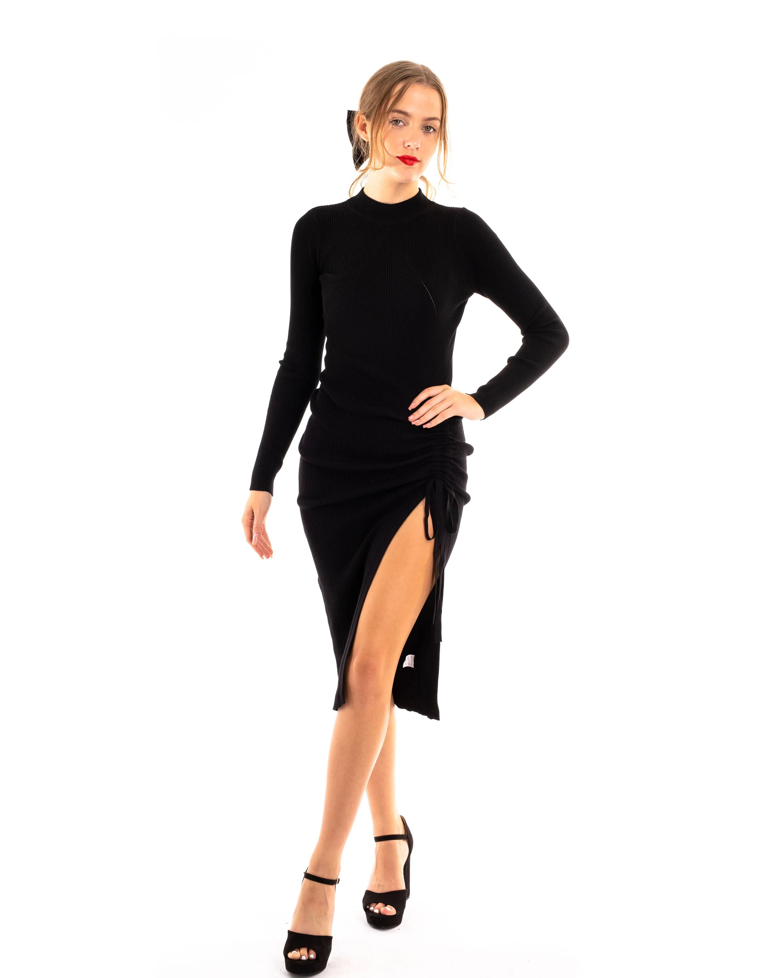 Soft Knitted Ribbed Midi Bodycon Side Split Tie up design Dress In Black