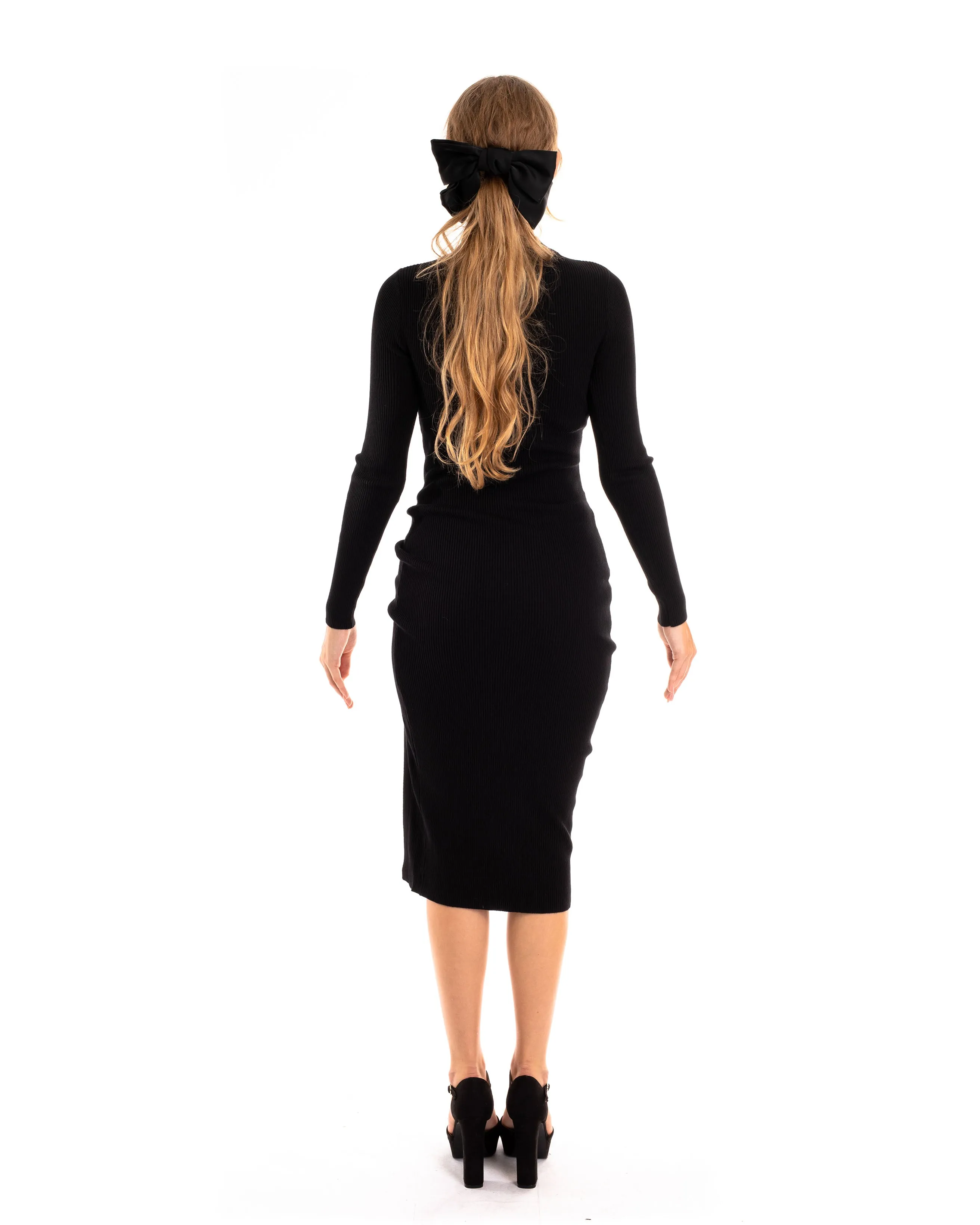 Soft Knitted Ribbed Midi Bodycon Side Split Tie up design Dress In Black