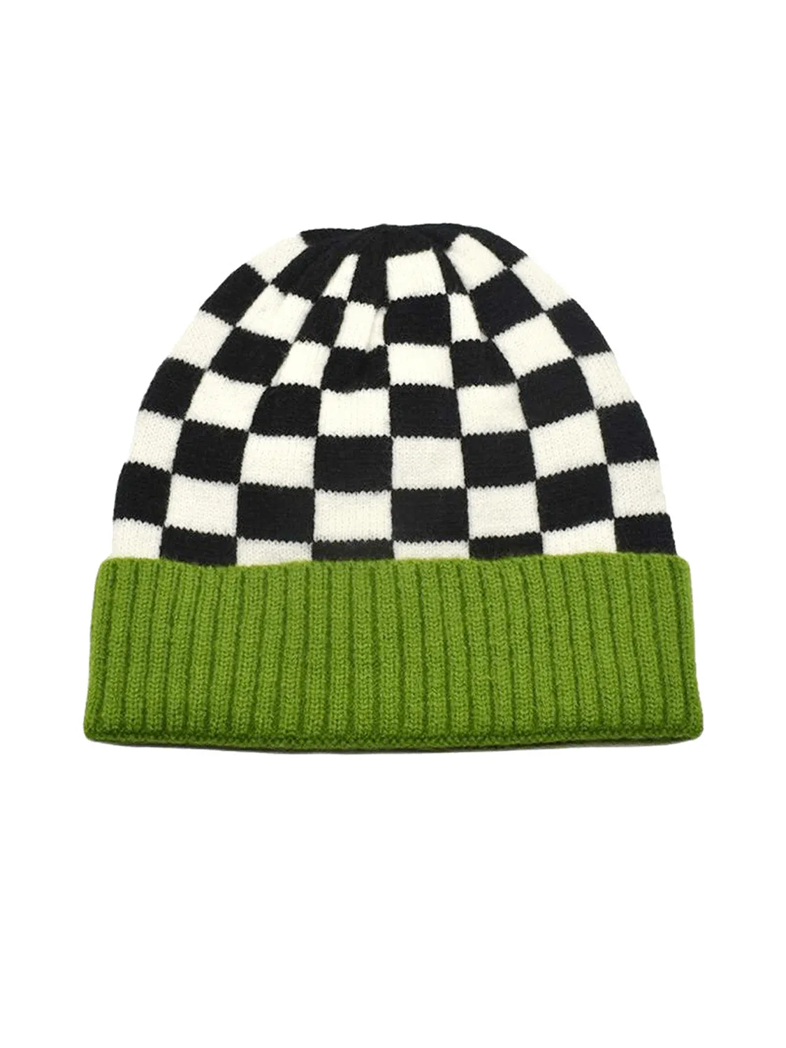 Spinach Green Checkered Color Block Unisex Winter Beanie Hat