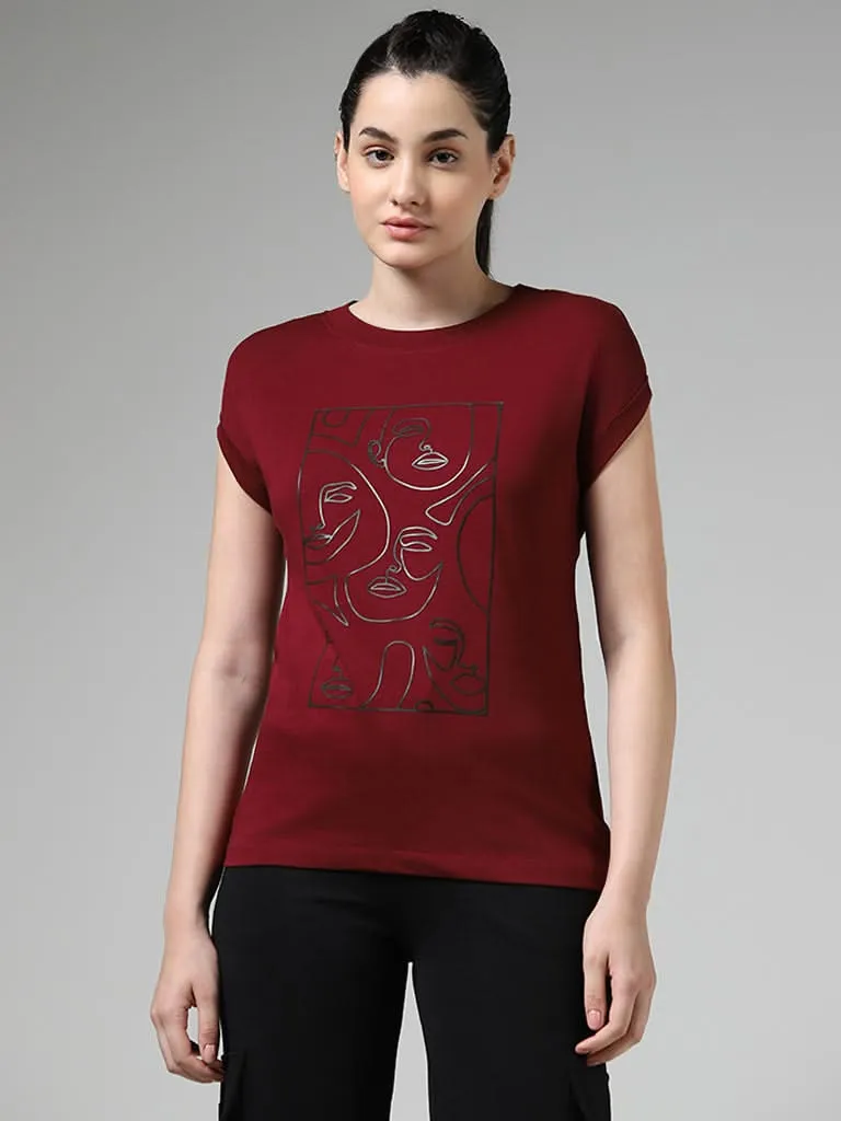 Studiofit Maroon Abstract Printed Cotton T-Shirt