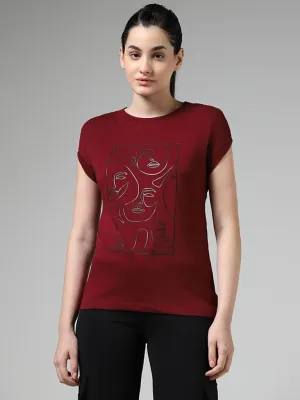 Studiofit Maroon Abstract Printed Cotton T-Shirt