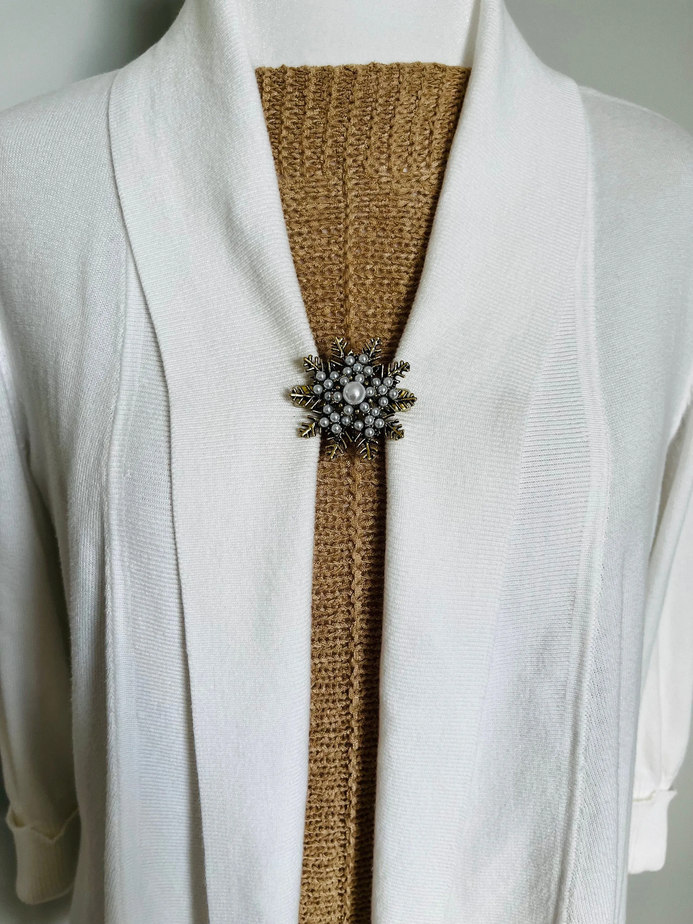 Sweater Clips Winter Pearl Snowflake Sweater Clip Rhinestone Cardigan Clasp Brushed Gold Bronze Gift Jewelry Gifts for Her by Fabulici
