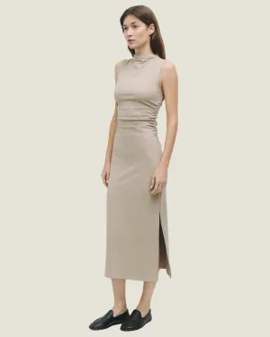 The Junina: Taupe Rouched Midi Dress