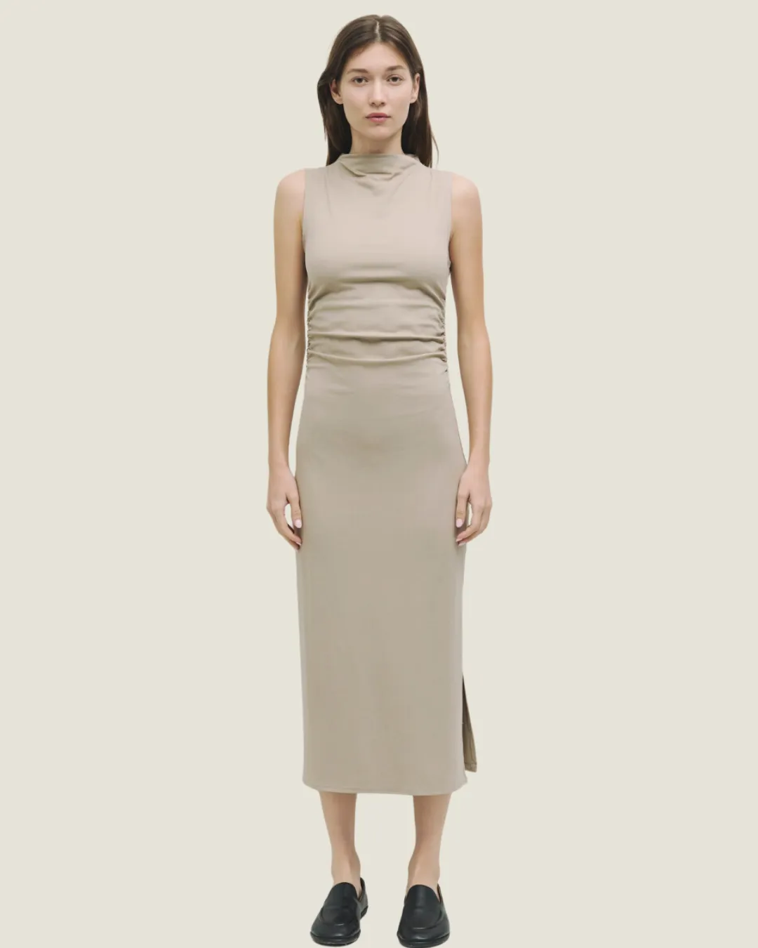 The Junina: Taupe Rouched Midi Dress