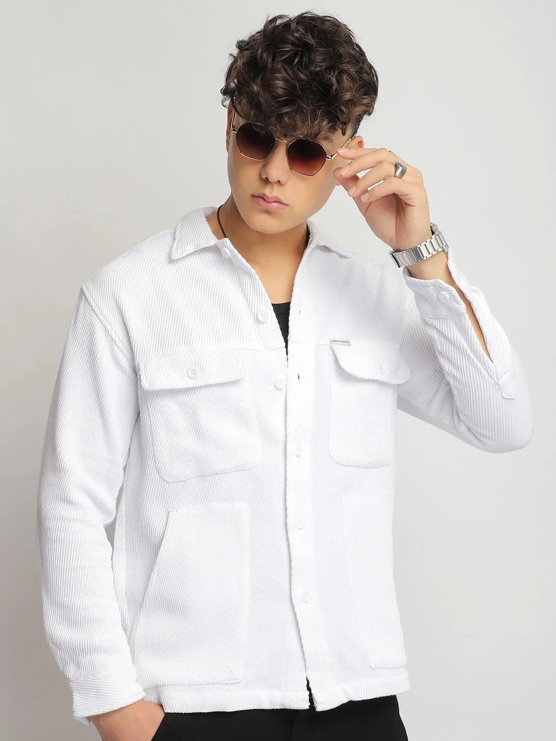 The Savoy Drill White Full Sleeve Shacket
