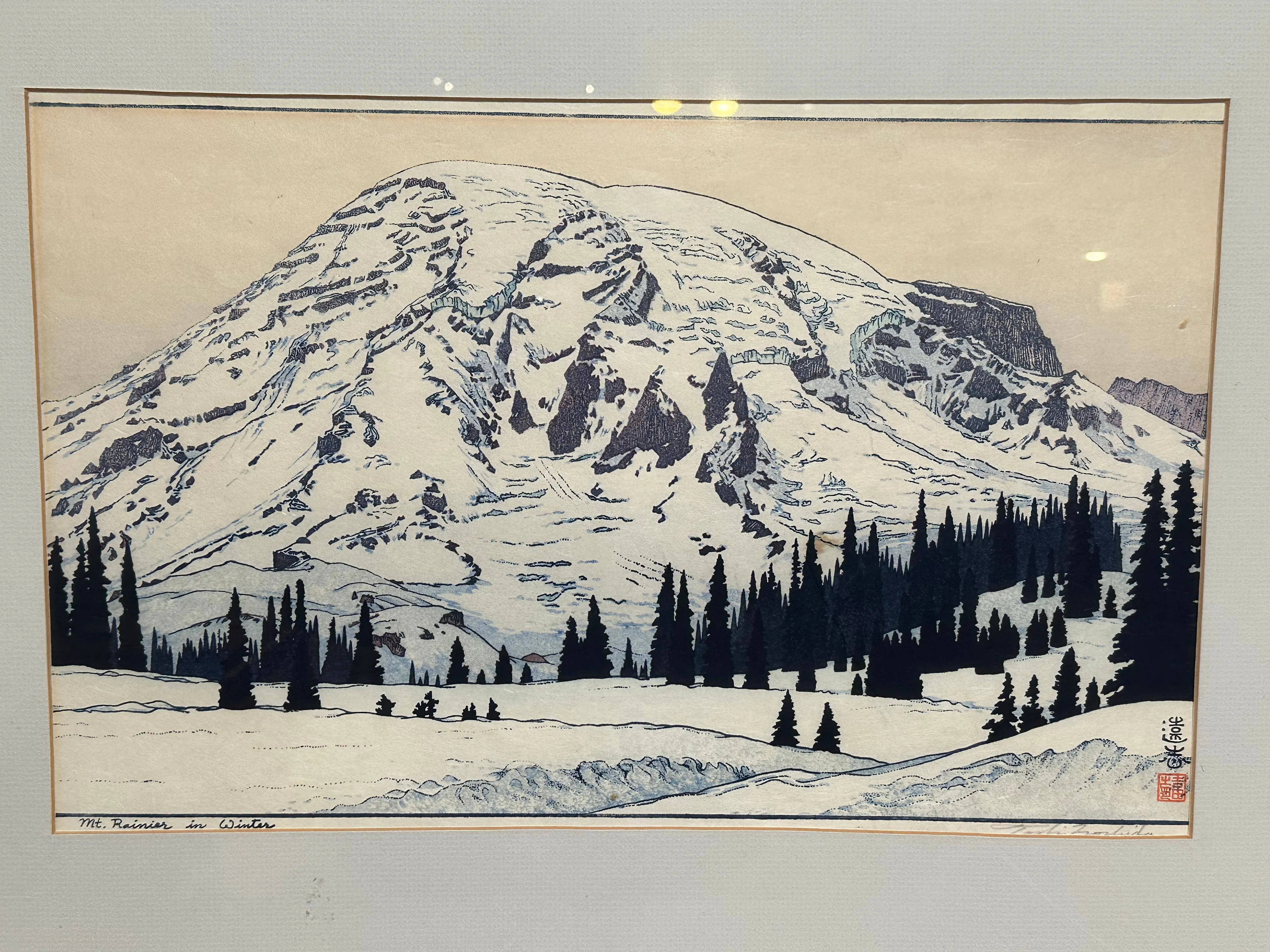 Toshi Yoshida Woodblock Print Mt Rainier in Winter 1972 in Frame