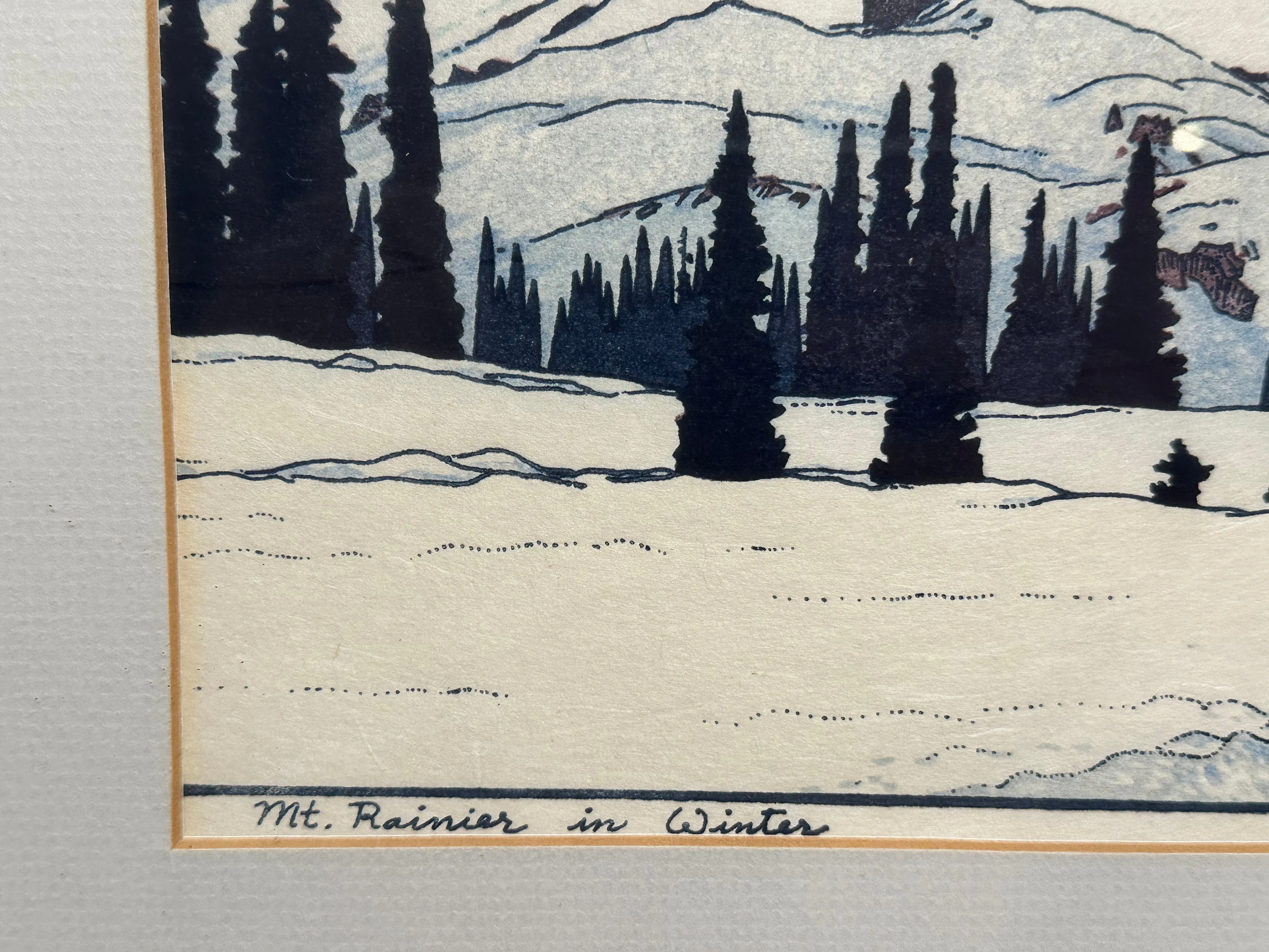 Toshi Yoshida Woodblock Print Mt Rainier in Winter 1972 in Frame
