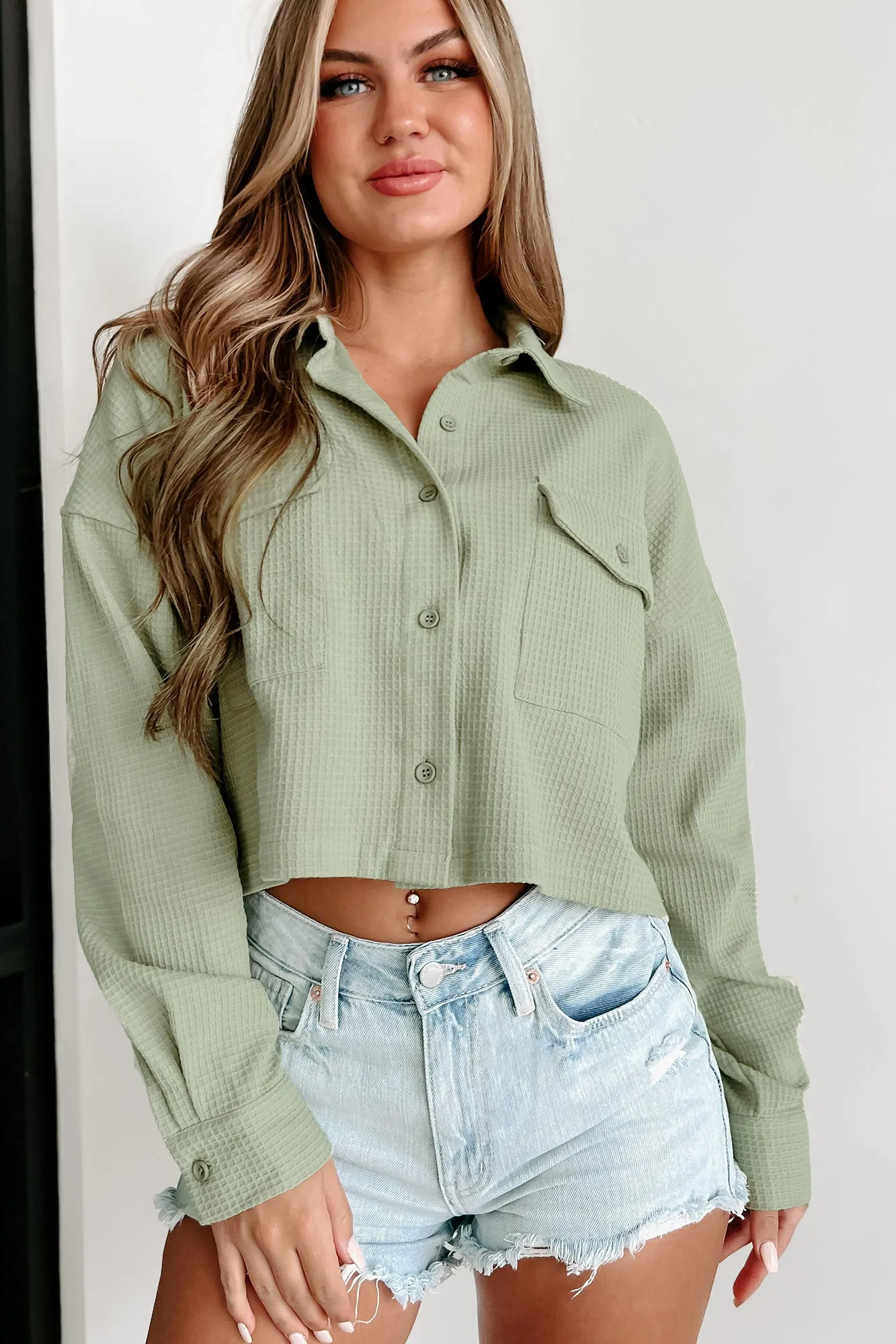 Try Again Waffle Knit Crop Shacket (Sage)