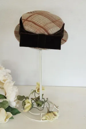 Vintage 1940s 1950's Plaid Madeline Style Hat with Velvet Bow