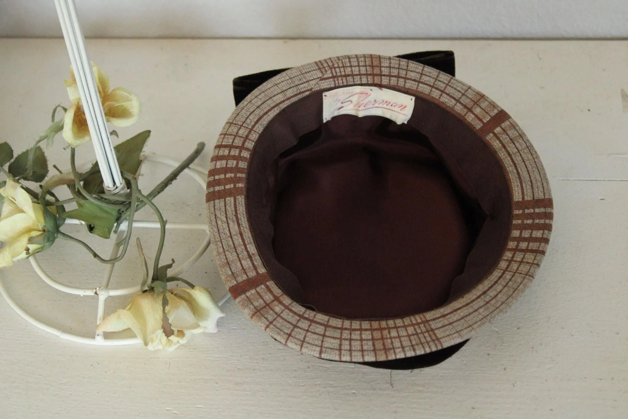 Vintage 1940s 1950's Plaid Madeline Style Hat with Velvet Bow
