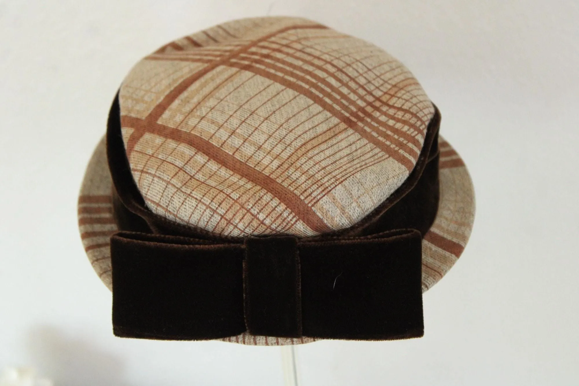 Vintage 1940s 1950's Plaid Madeline Style Hat with Velvet Bow