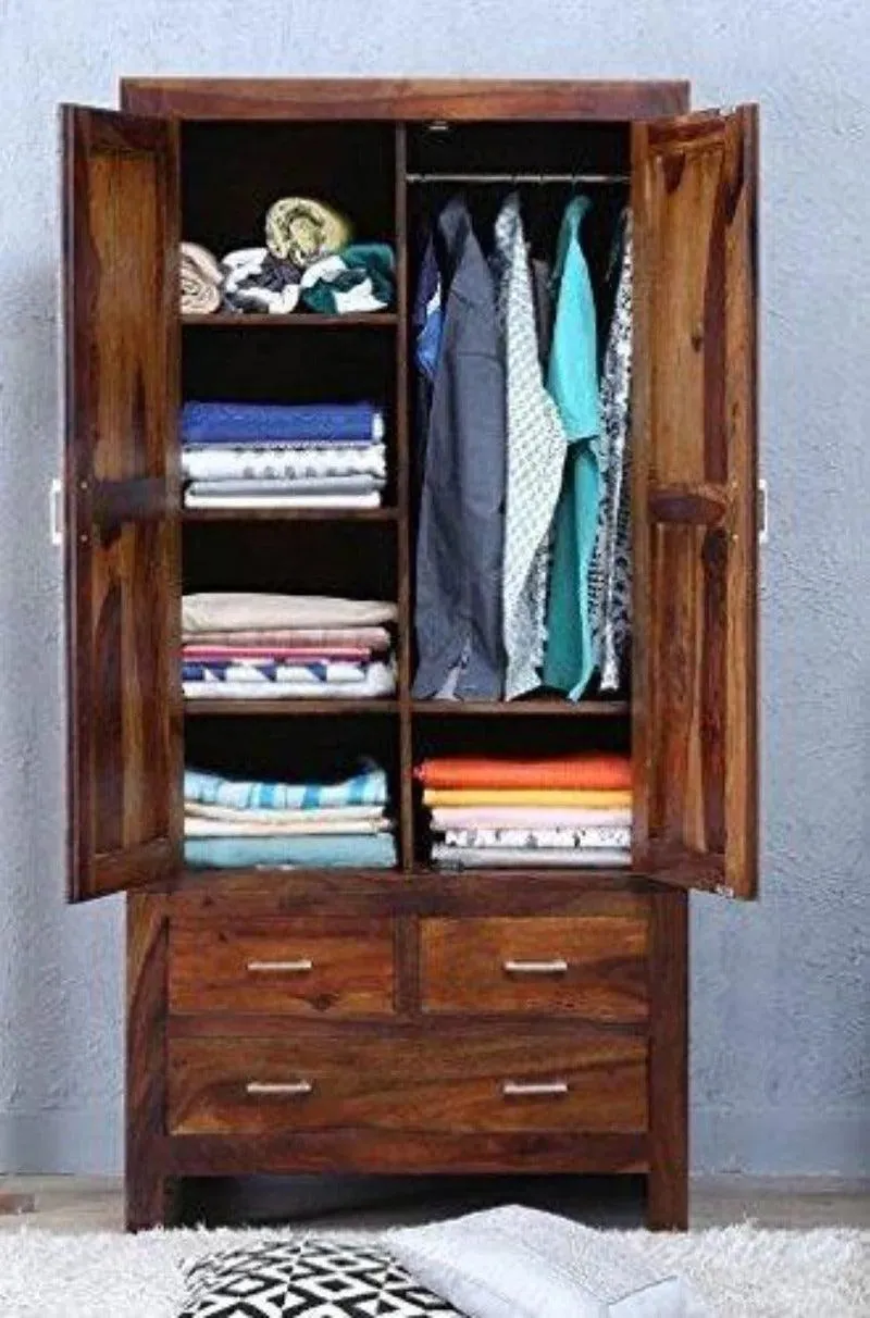 Wardrobe in Warm Rich Finish Standard (3 Drawers) And Double Doors