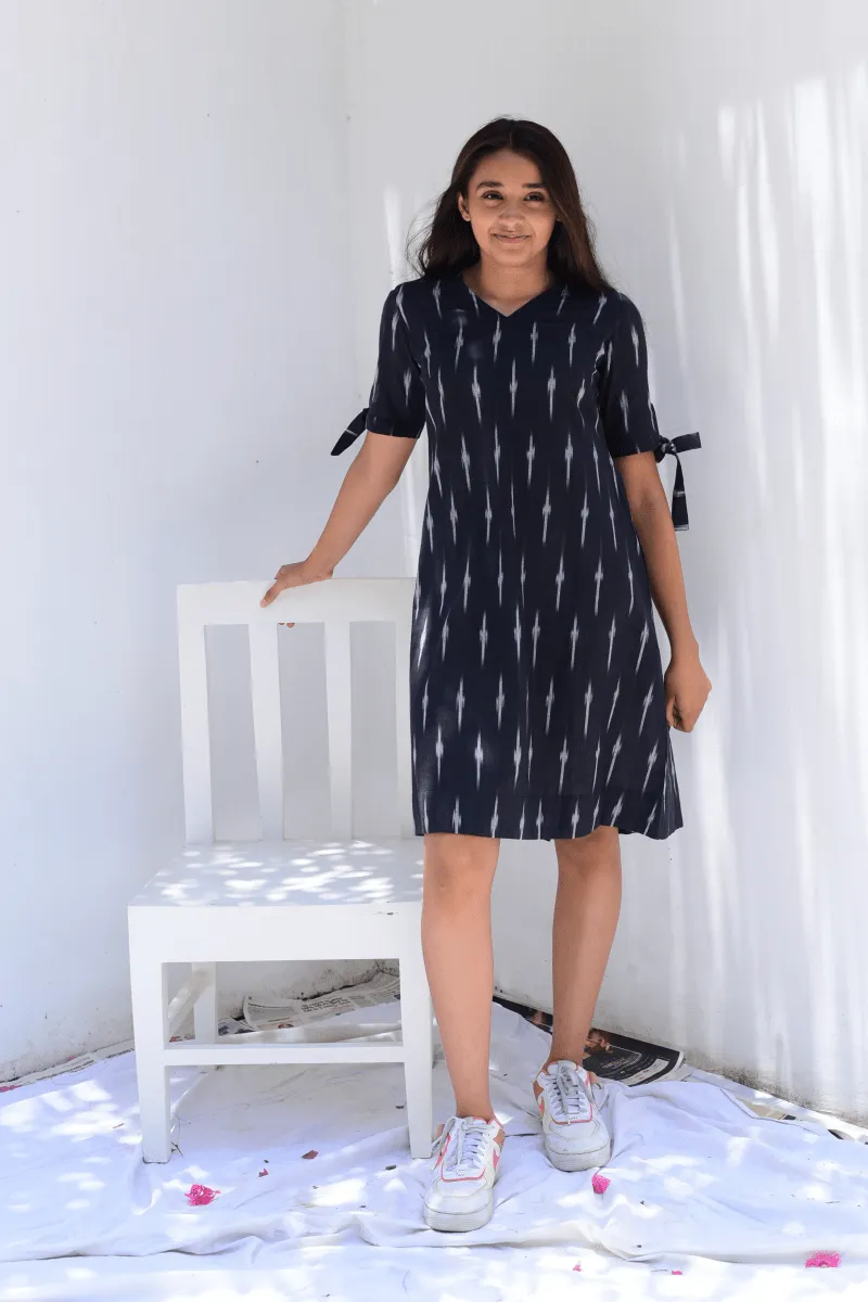 Weaved Black Ikkat A-line Knot Dress