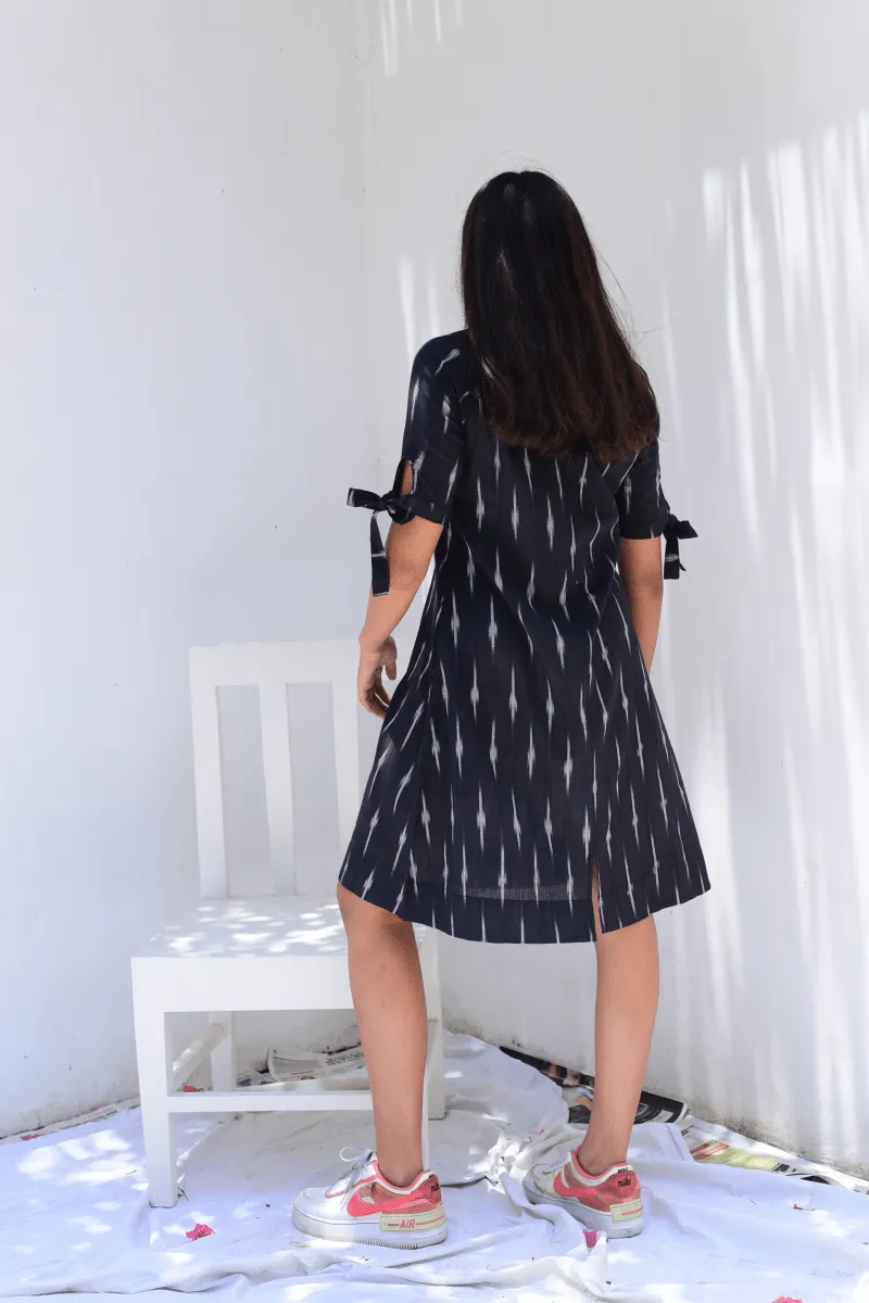 Weaved Black Ikkat A-line Knot Dress