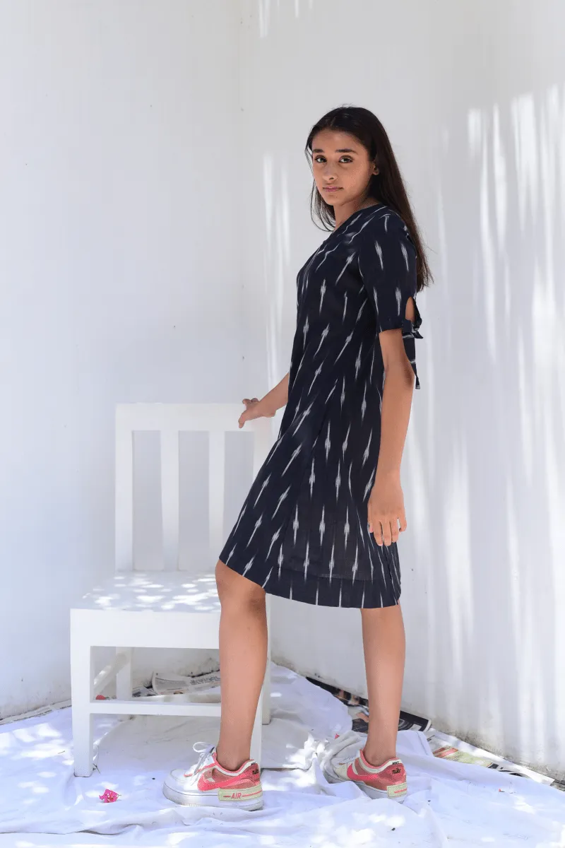 Weaved Black Ikkat A-line Knot Dress
