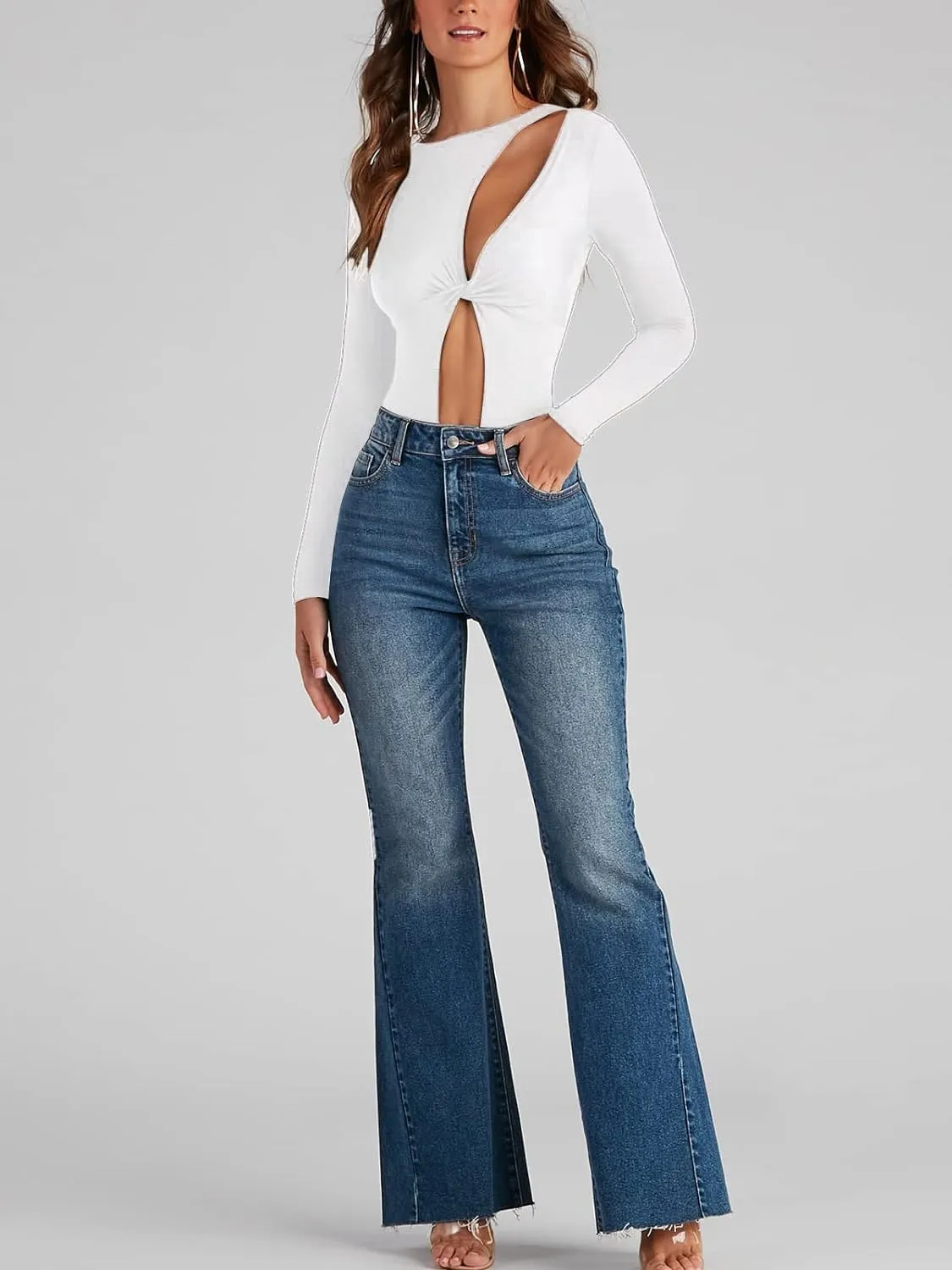 White One Piece Cut Out Long Sleeve Bodysuit