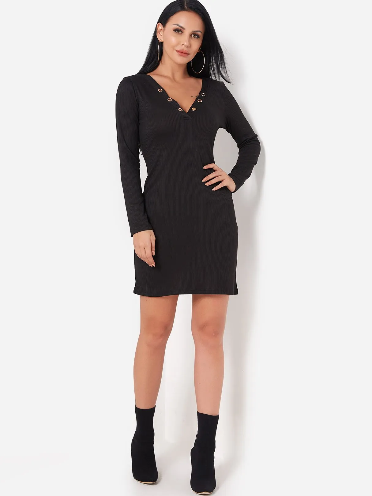 Wholesale Black V-Neck Long Sleeve Plain Hollow Dresses