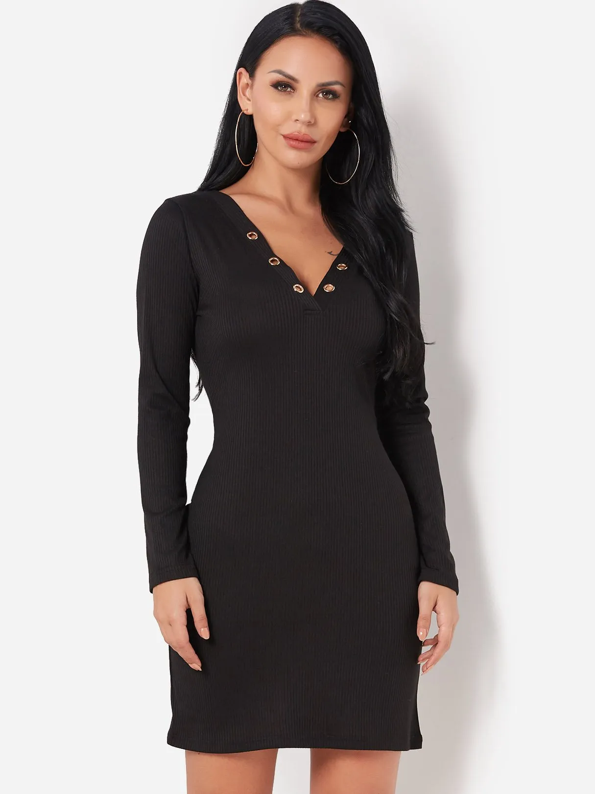 Wholesale Black V-Neck Long Sleeve Plain Hollow Dresses