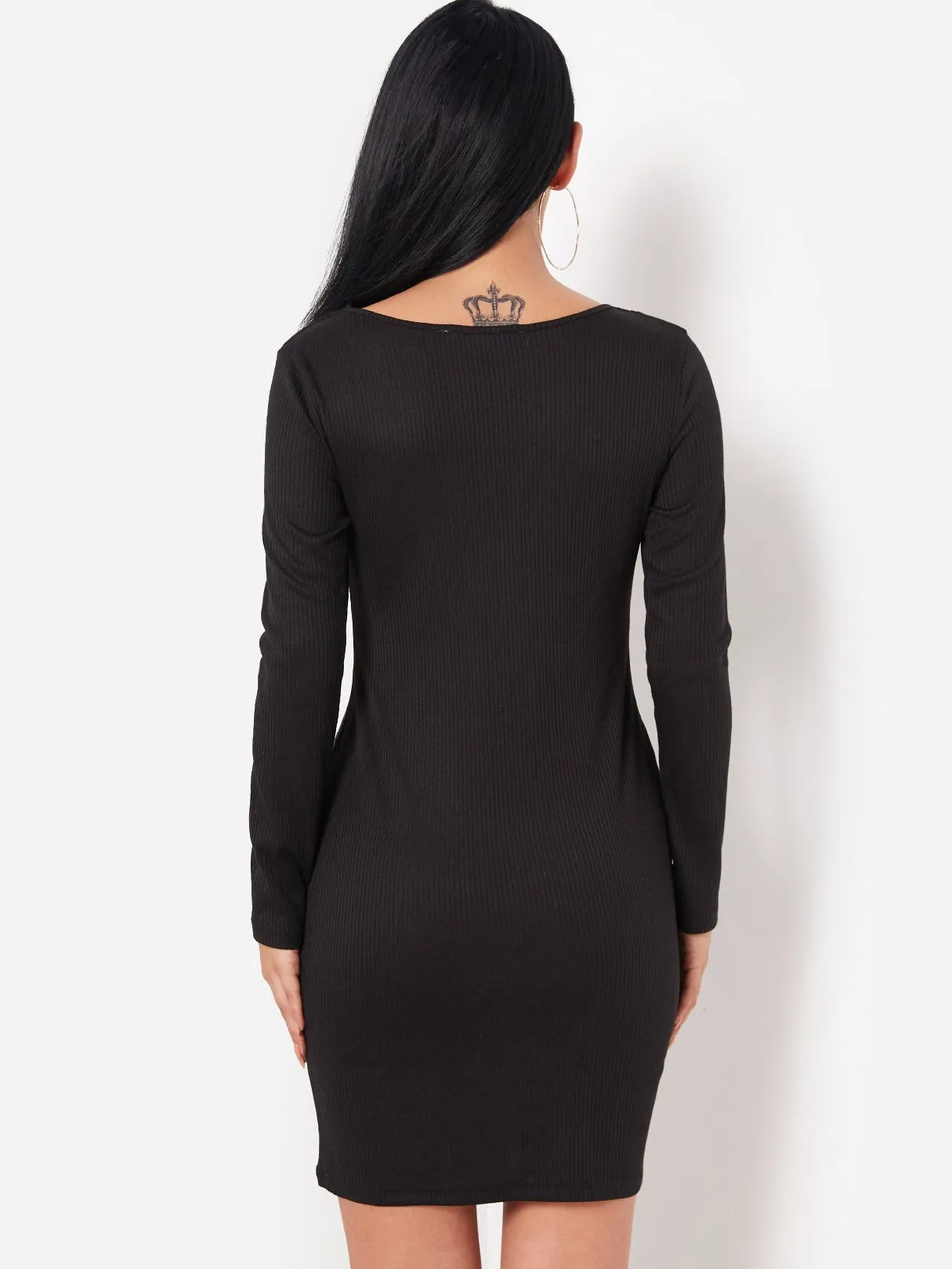 Wholesale Black V-Neck Long Sleeve Plain Hollow Dresses