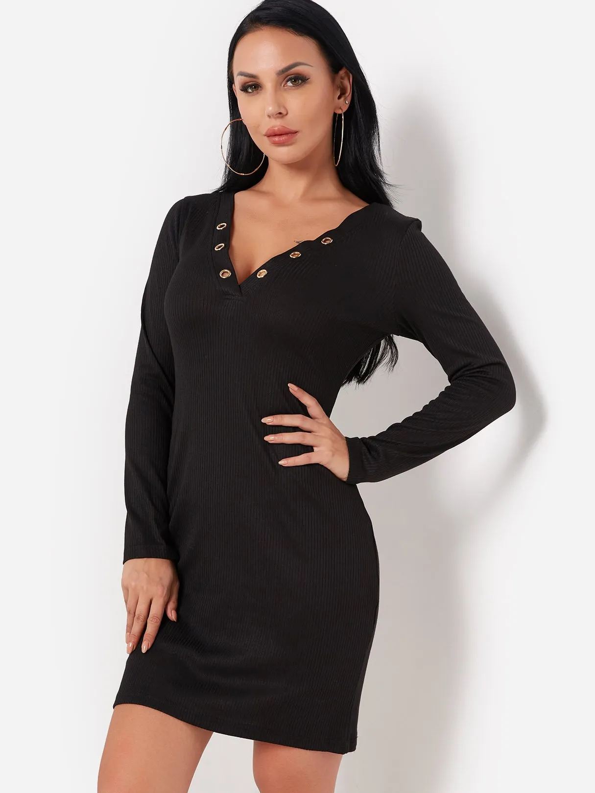 Wholesale Black V-Neck Long Sleeve Plain Hollow Dresses
