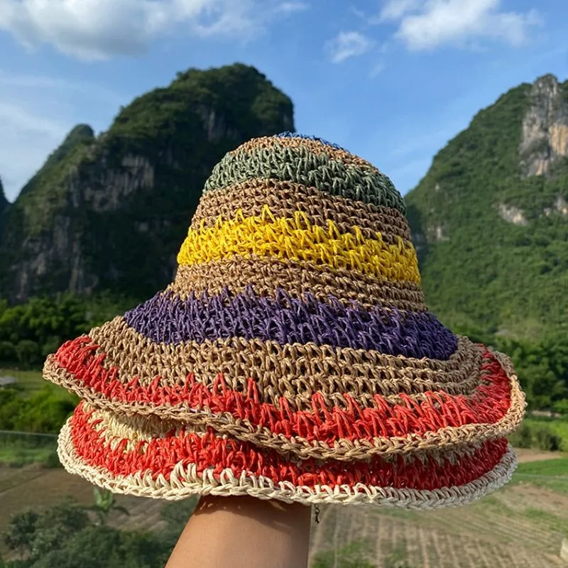 Woman Rainbow Striped Crochet Beach Boho Handmade Bucket Hat