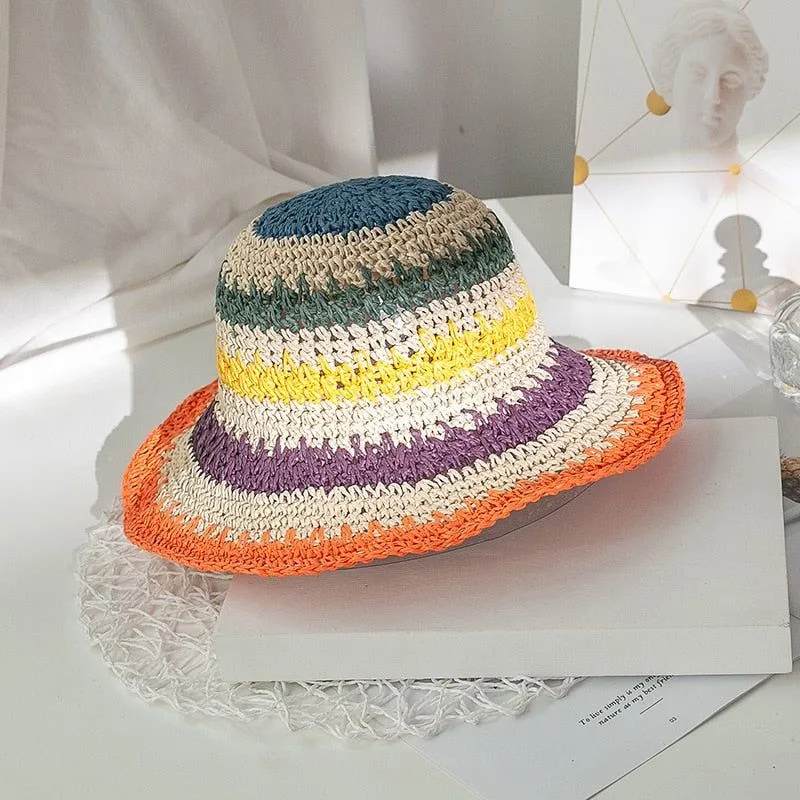 Woman Rainbow Striped Crochet Beach Boho Handmade Bucket Hat