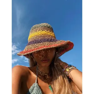 Woman Rainbow Striped Crochet Beach Boho Handmade Bucket Hat