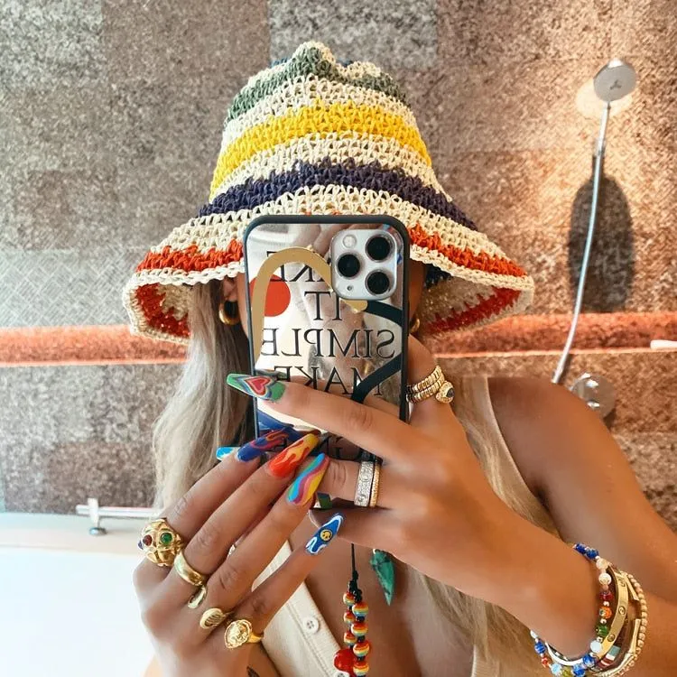 Woman Rainbow Striped Crochet Beach Boho Handmade Bucket Hat