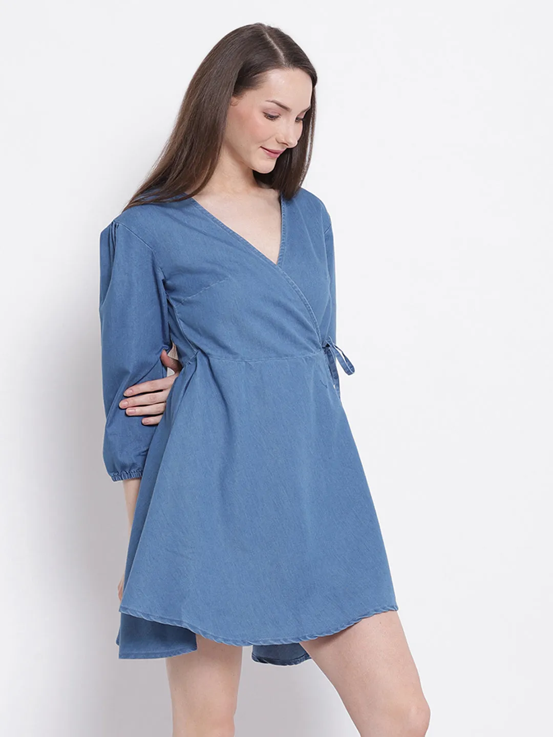 Women Light Blue Flared Denim Wrap Dress