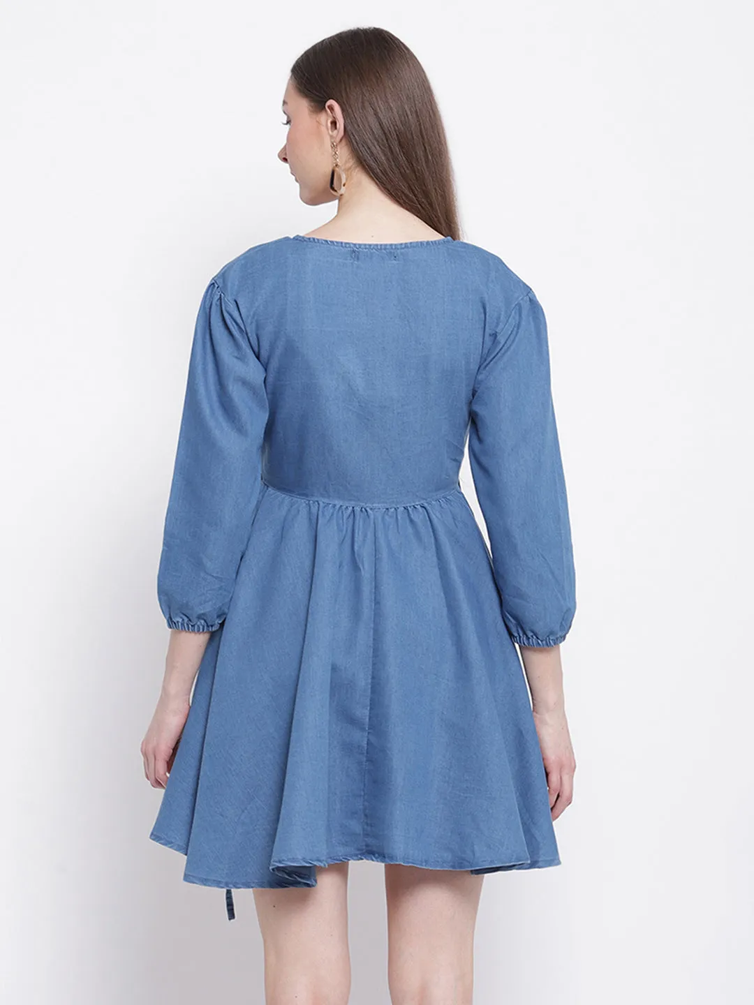 Women Light Blue Flared Denim Wrap Dress