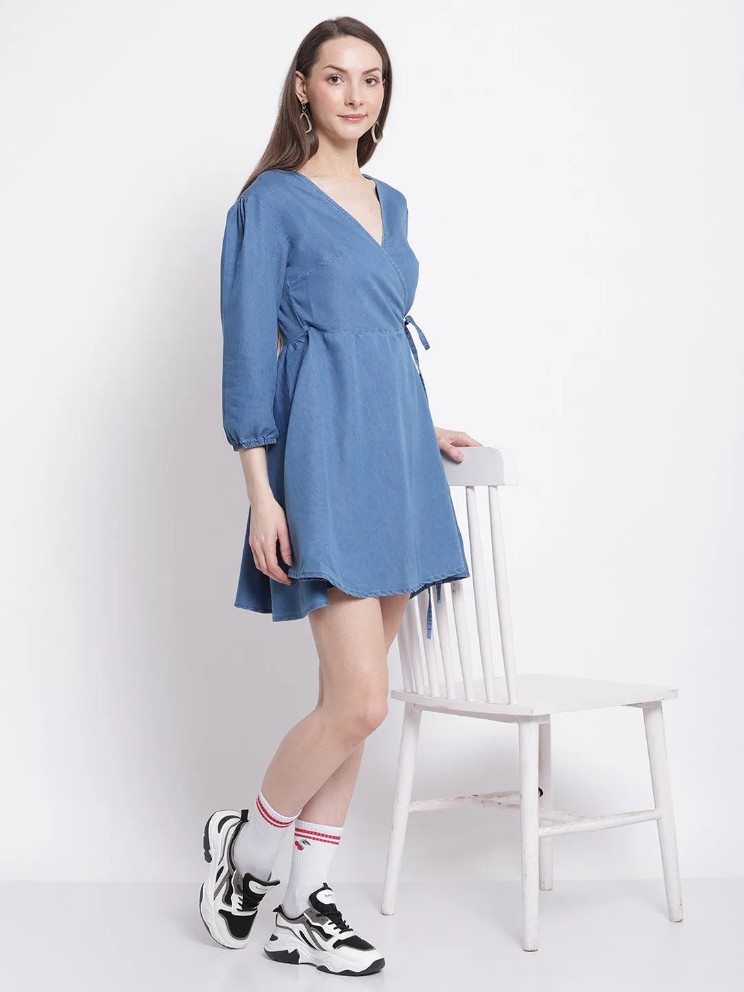 Women Light Blue Flared Denim Wrap Dress