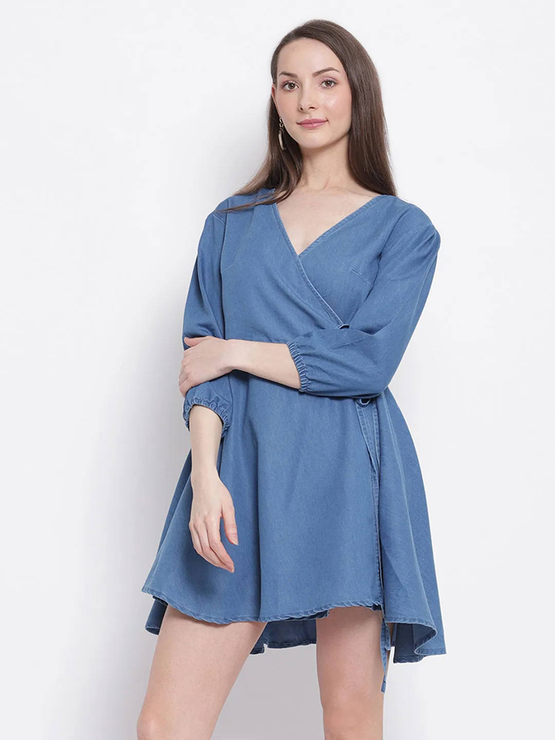 Women Light Blue Flared Denim Wrap Dress