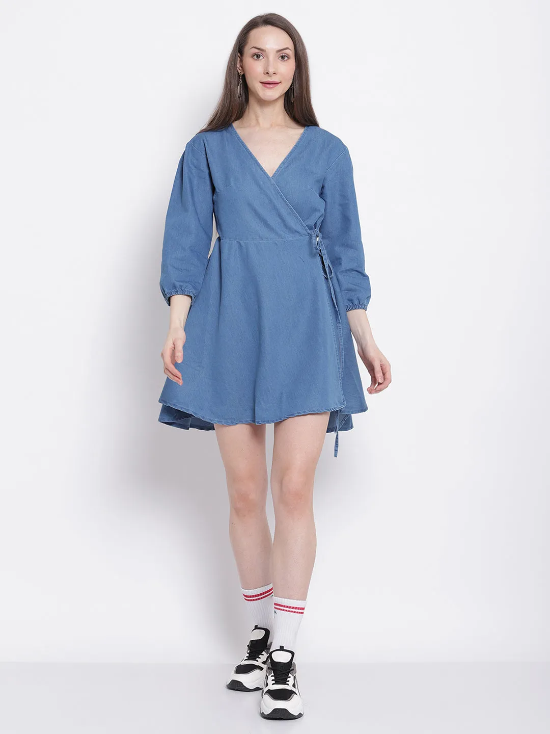 Women Light Blue Flared Denim Wrap Dress